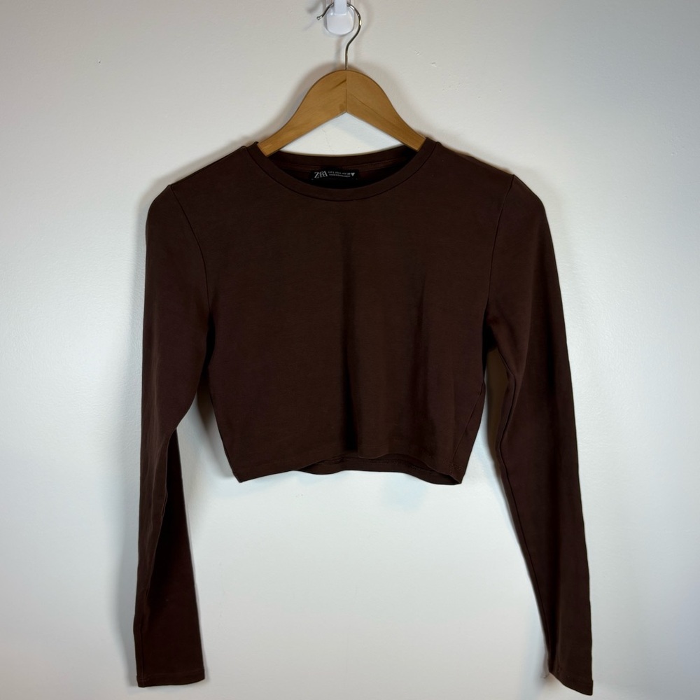 Zara Women’s Dark Brown Long Sleeve Crop Top Cotton Blend Size Large Layering